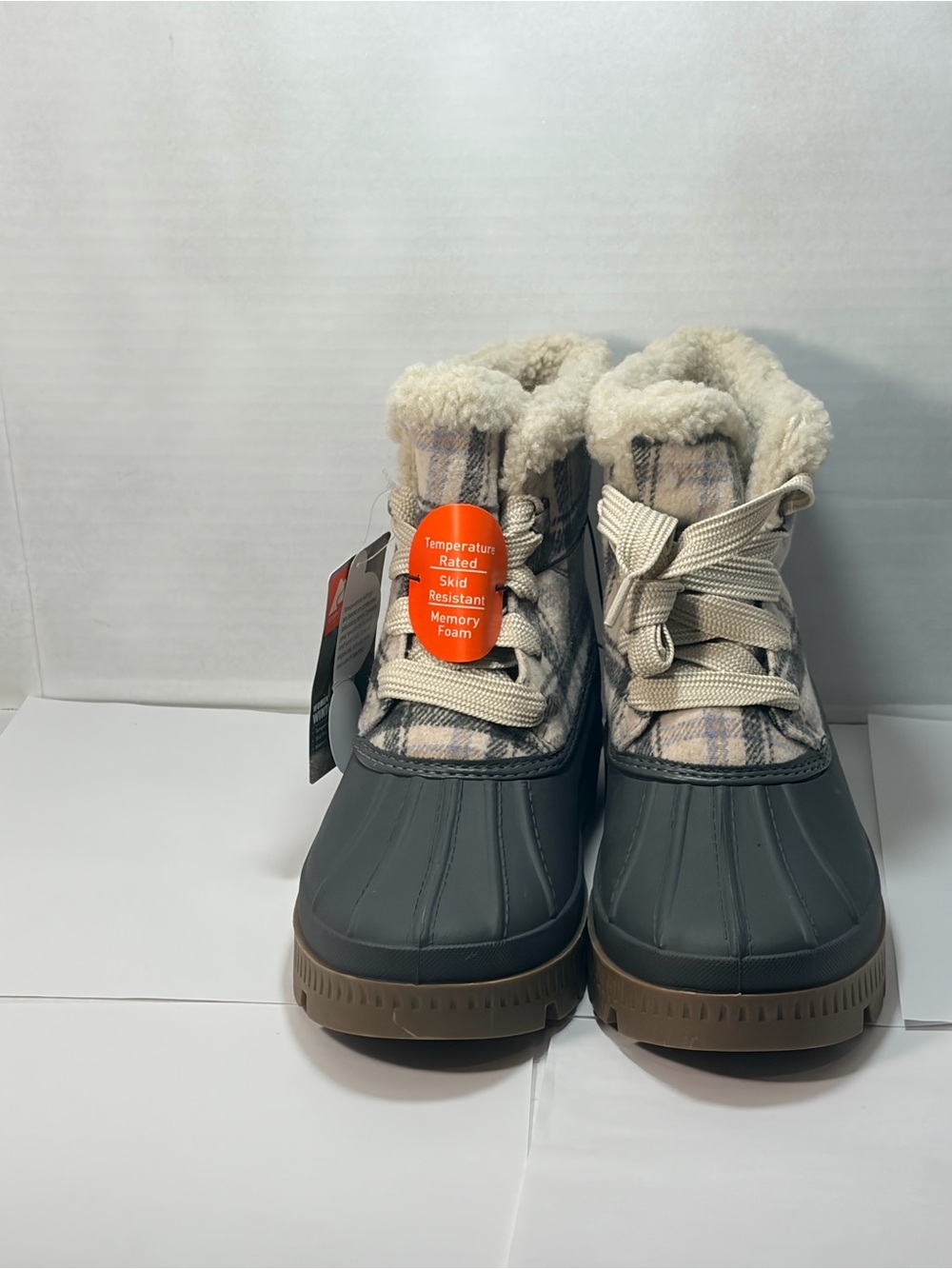 Ozark Trail Women's Plaid Faux Shearling Duck Boots in Gray and Tan